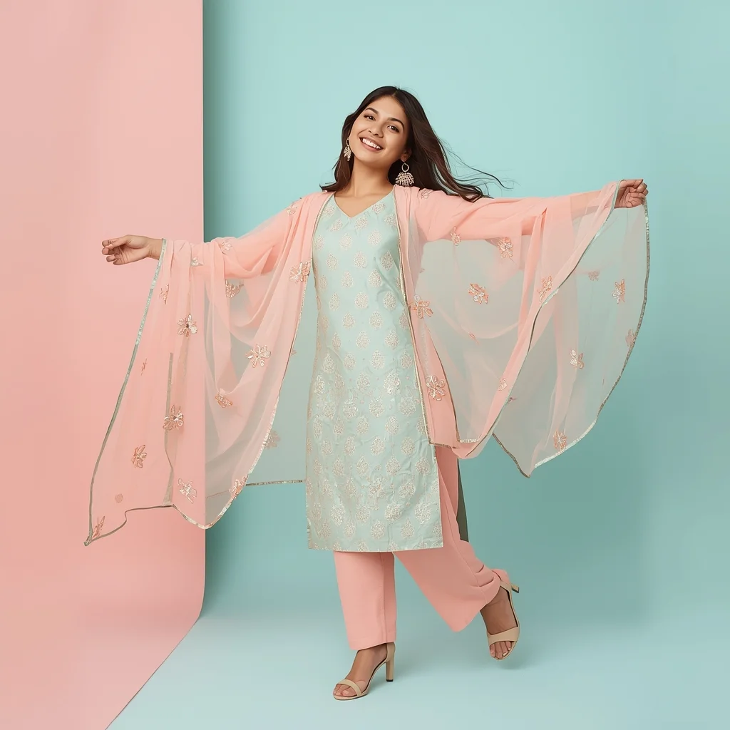 Cute Indian Girl Dupatta Swing Around Arms Playful Pose | Ai Photo Prompt
