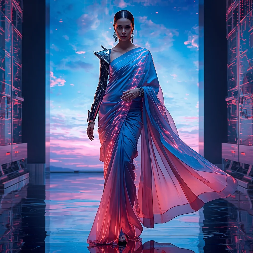 Cyber Aurora Blade Saree with Digital Sky Collapse | Gemini Ai Photo