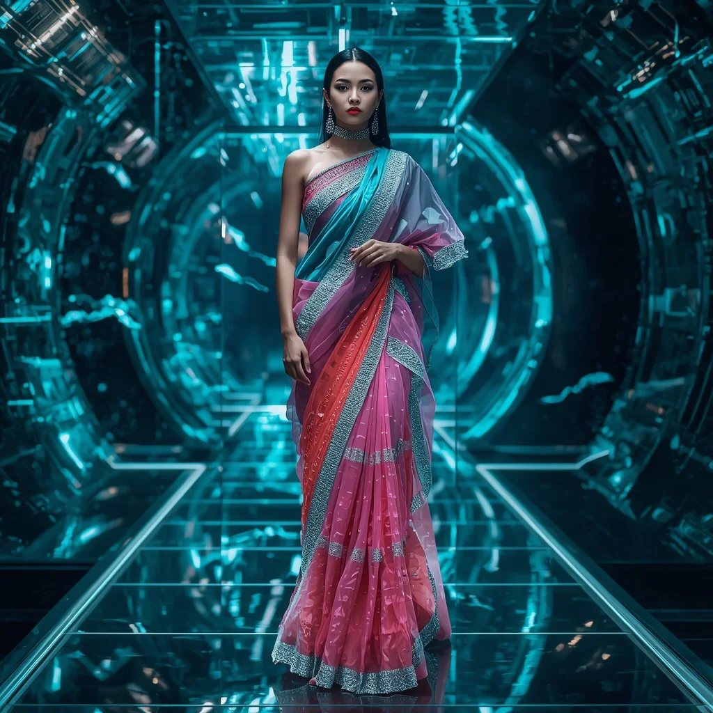 Cyber Coral Neural Net Saree with Deep Ocean Tech Rift | Stable Diffusion Prompt