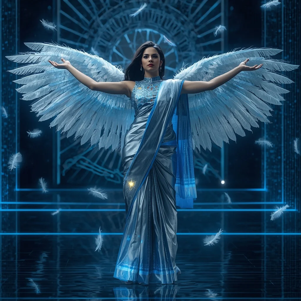 Cyber Feather Neural Saree with Digital Wing Code | Indian Girl Ai Prompt