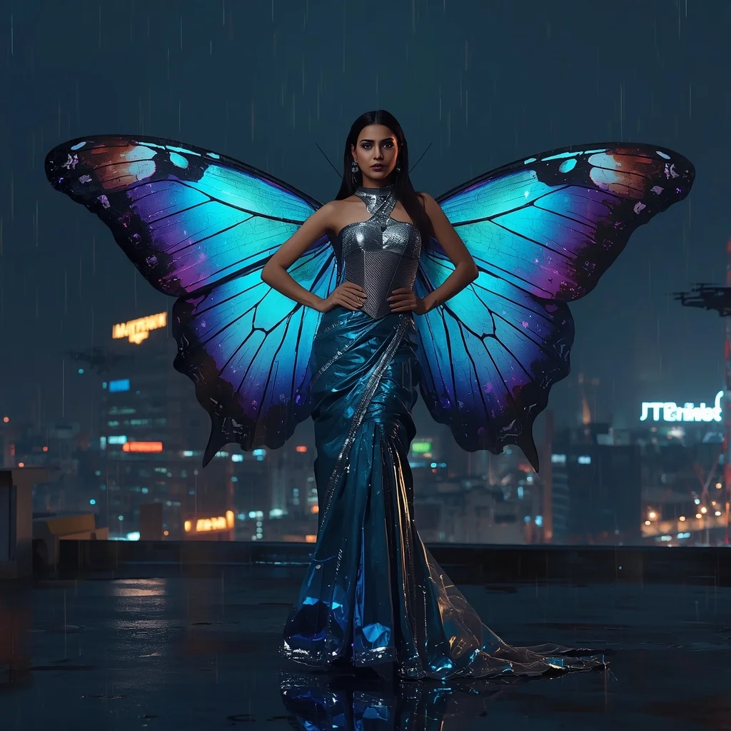 Cyber-iridescent Morpho Saree with Neo-Tokyo Nightscape Background | Saree Ai Prompt