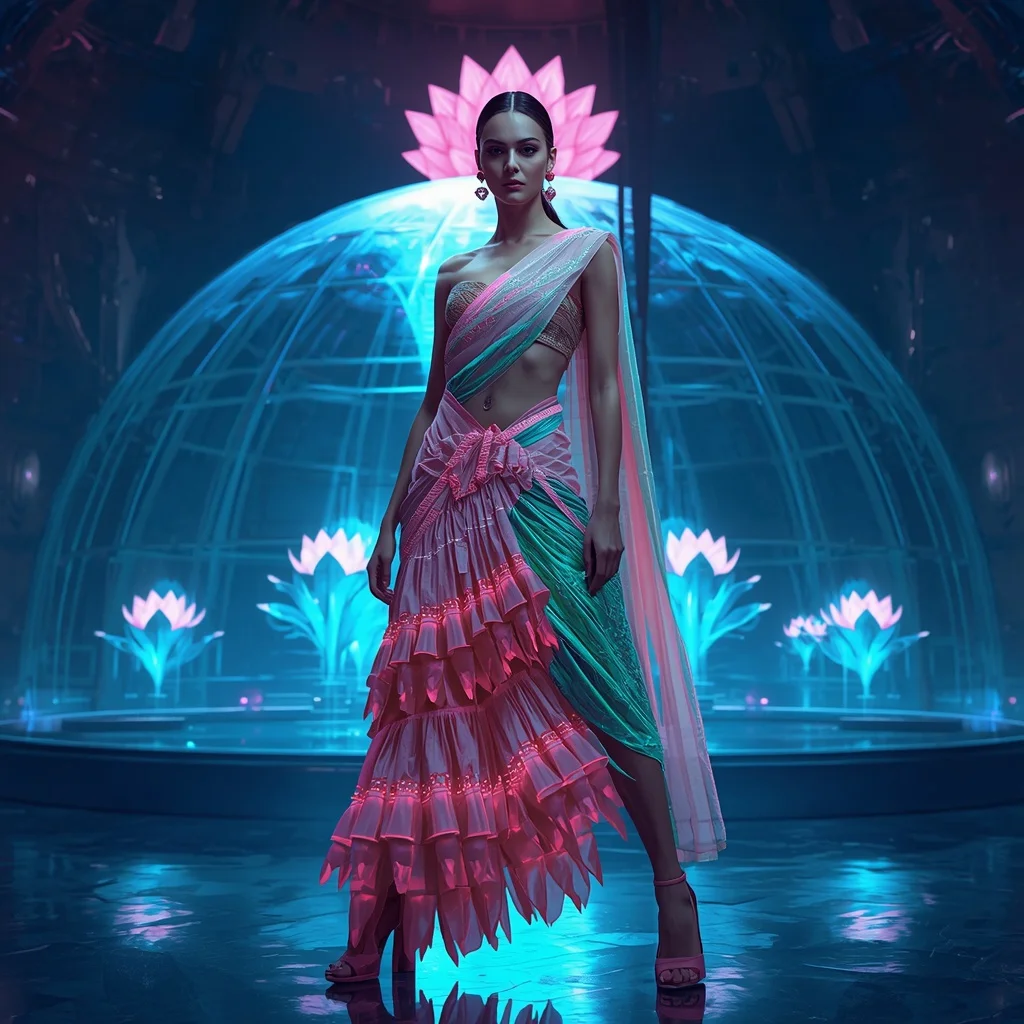 Cyber Lotus Engine Saree with Neural Bloom Reactor Dome | Trending Girl Photo Prompt