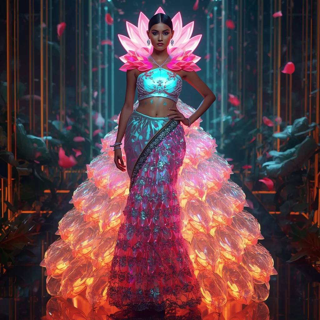 Cyber Lotus Neon Bloom Saree with Digital Petal Matrix | Gemini Ai Prompt
