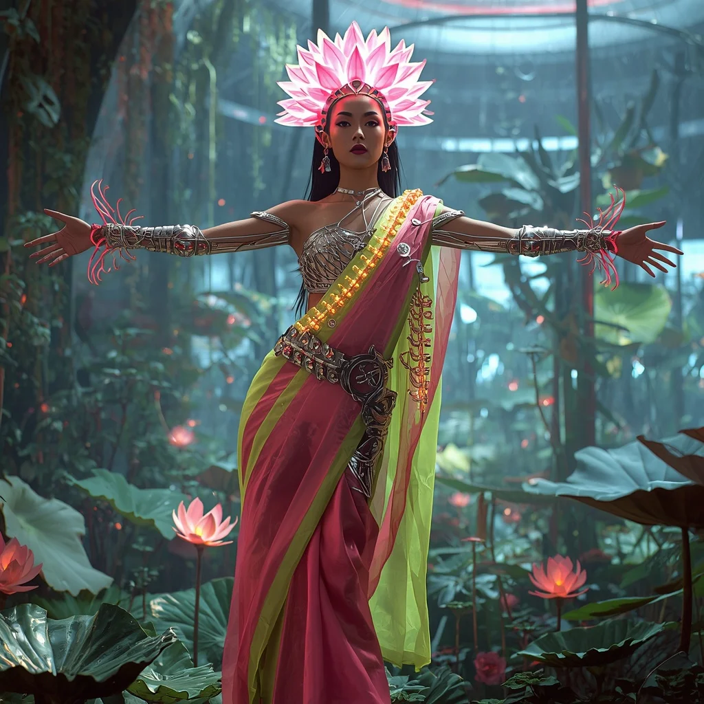 Cyber Lotus Spine Saree with Neon Biome Dome | Art Ai Prompt