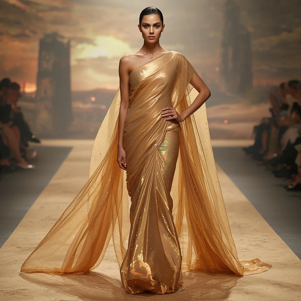 Cyber Mirage Dune Saree with Shifting Sand Light Fabric | South Indian Prompt For Gemini Girl Instagram