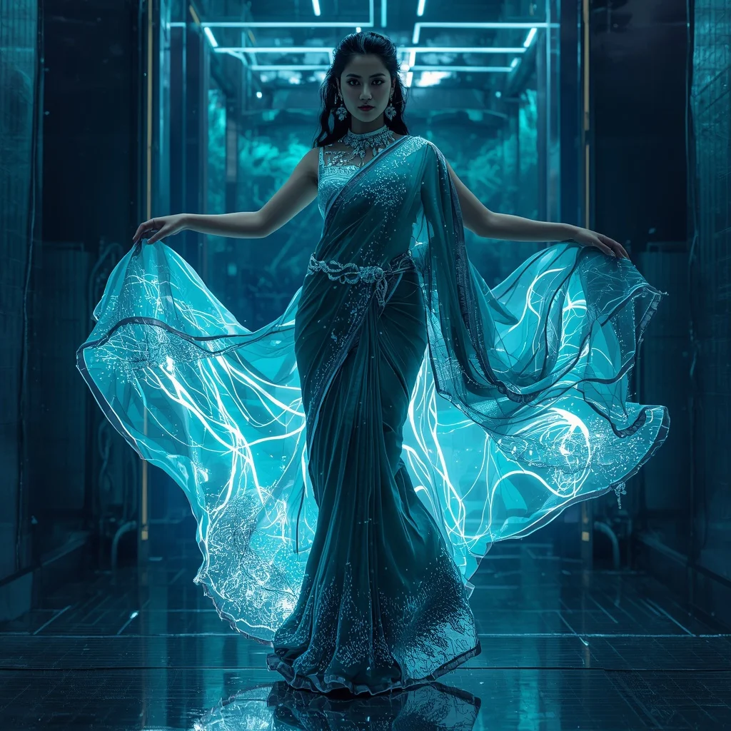 Cyber Ocean Current Saree with Digital Tide Flow | Female Model Ai Prompt