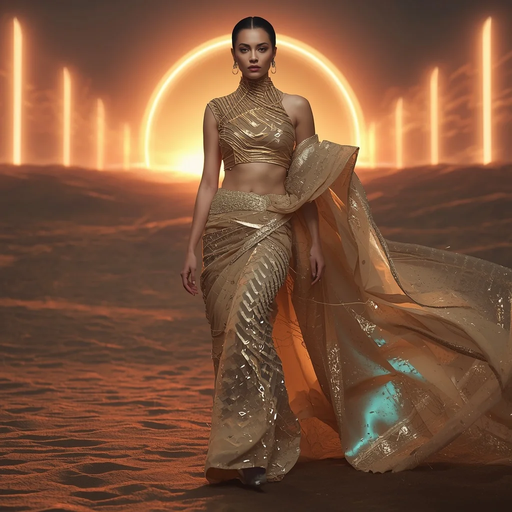Cyber Sandstorm Armor Saree with Neon Desert Winds | 4k Ai Prompt