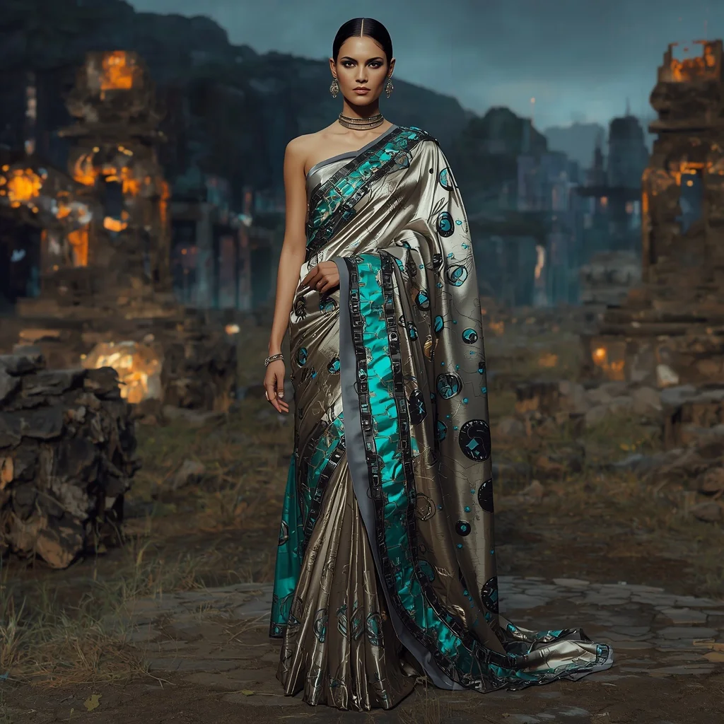 Cyber Silk Fossil Saree with Ancient Digital Ruin Field | 3d Animation Ai Prompt