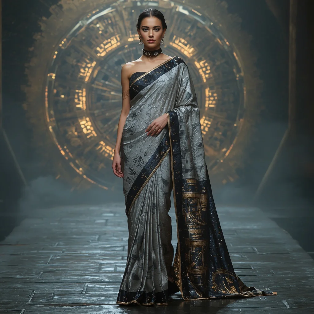 Cyber Silk Fossil Void Saree with Digital Ruin Galaxy Core | Cute Ai Prompt
