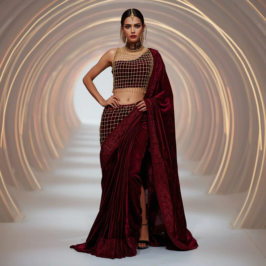 Deep Burgundy Velvet and Gold Cage Saree in Laser Tunnel | Fashion Ai Prompt