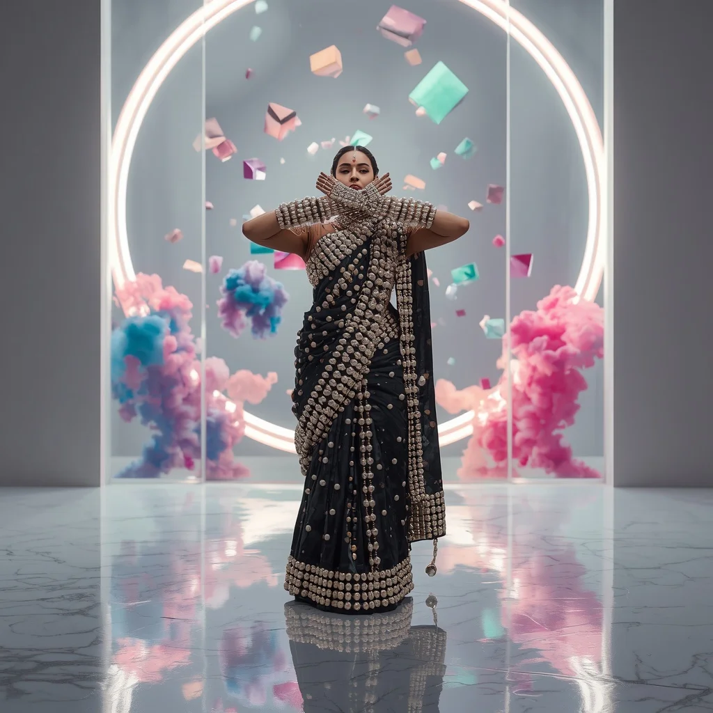 Deep Sea Pearl Armor Saree: Thousands of Pearls on Onyx Black | The Symmetrical Hands-Crossing Chest Pose | Image To Prompt