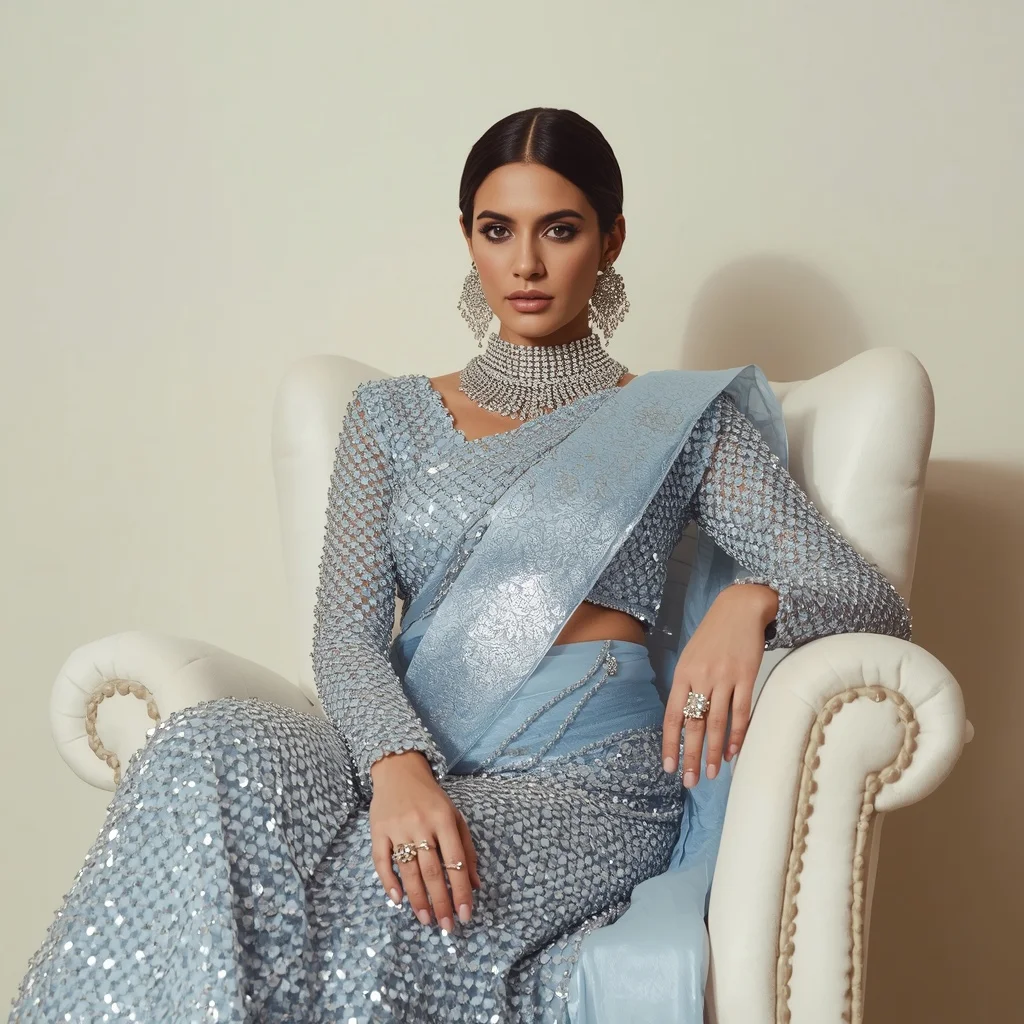 Dense Crystal Mesh & Sequin Armor Icy Blue Saree | Royal Sitting Pose High-Clarity | Prompt Seen Girl Lehenga