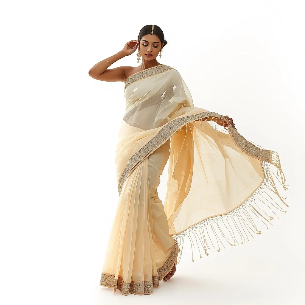Dense Glass-Bead & Mirror Work Buttercream Saree | Candid Adjusting Earring Pose | Ai Prompt For Reels