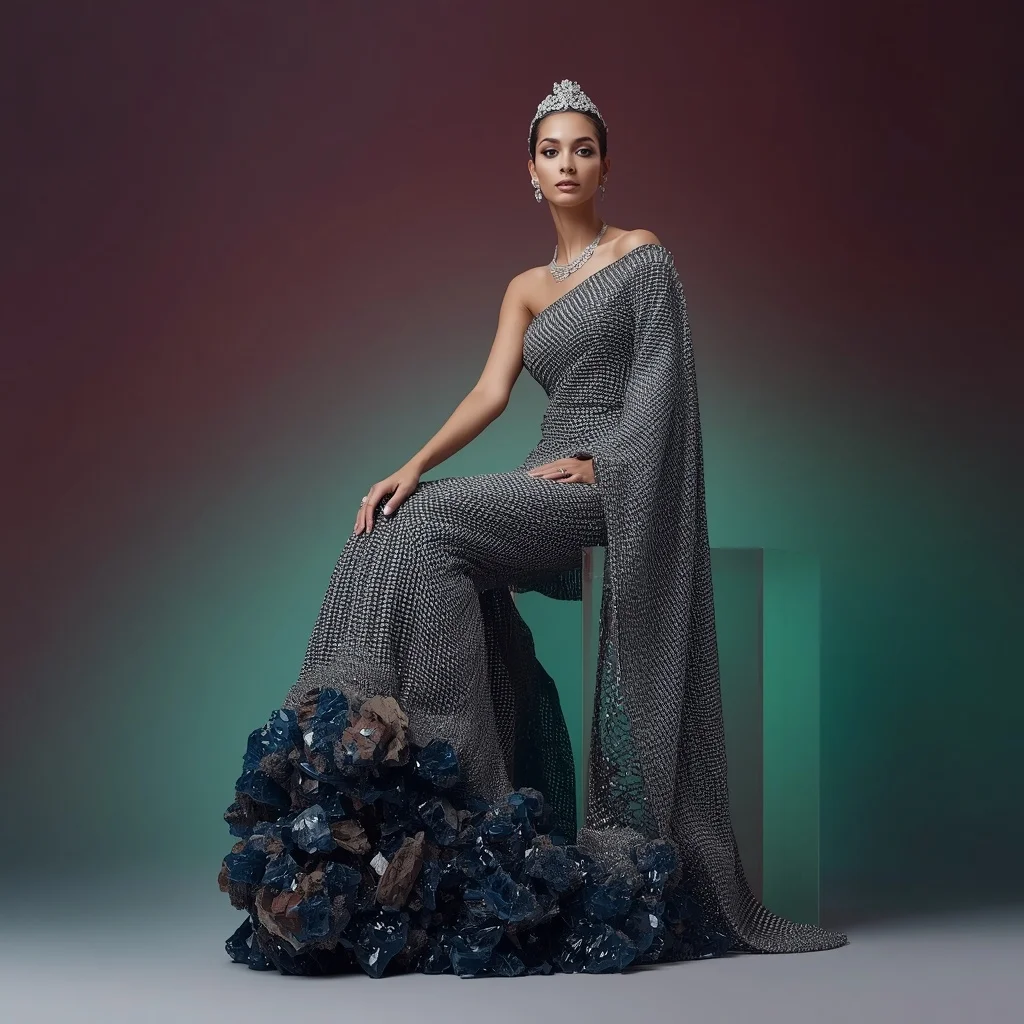 Dense Platinum Chainmail Saree with Raised Raw Sapphire Stalactite Clusters | Prompt For Traditional Look For Girl Copy Paste