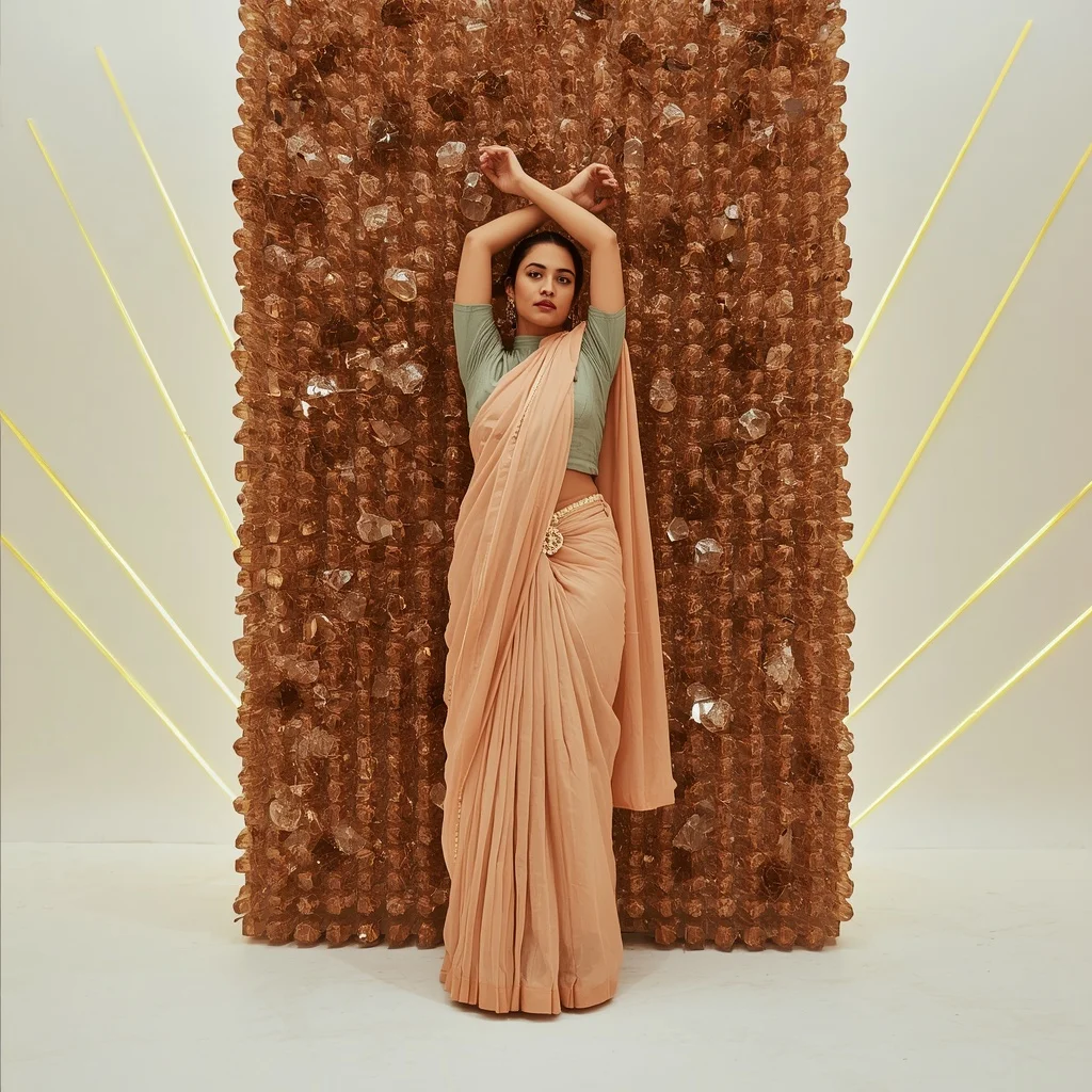 Dense Smoked Topaz Cube Wall & Thick Wrought Iron Sheet Armor Pastel Apricot Saree | Overhead Cross-Arm Canopy Pose | Prompt Seen Girl Photo Editing Trending Instagram