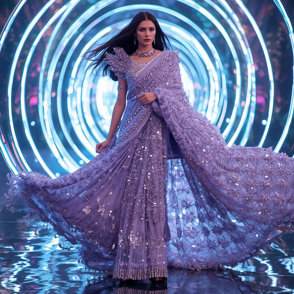 Diamond Aurora Crystal Saree with Holographic Spiral Infinity Kingdom | Ai Girl Image Prompt