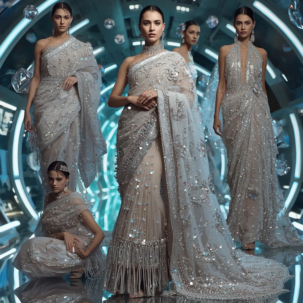 Diamond Aurora Empress Saree with Floating Crystal Galaxy Hall | Prompt Seen Girl Photo Editing Trending Instagram