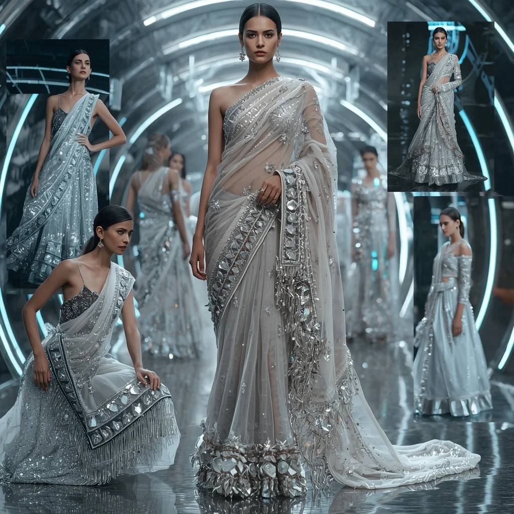 Diamond Aurora Empress Saree with Floating Crystal Nexus Corridor | Hd Image Prompt