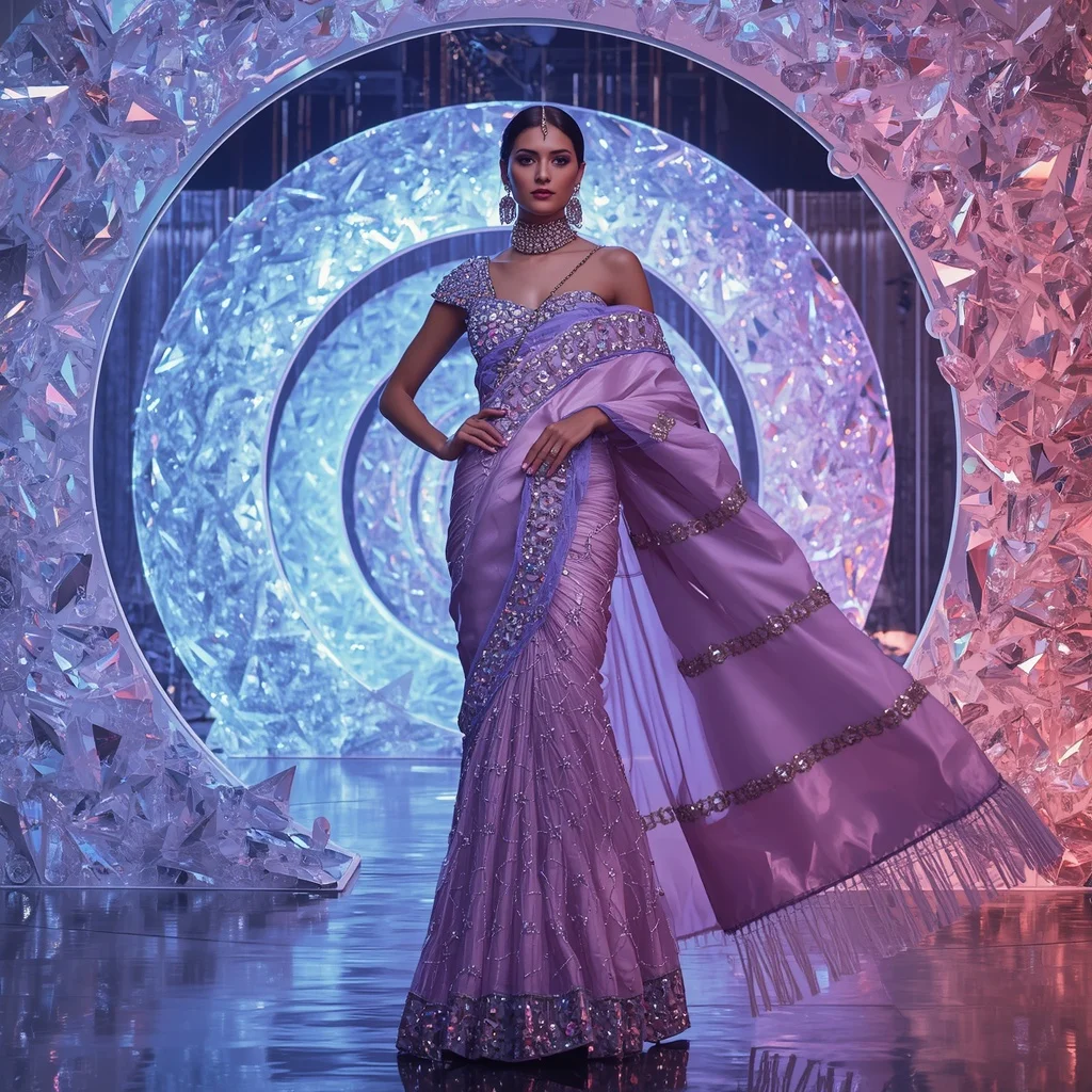 Diamond Aurora Inferno Saree with Holographic Spiral Crystal Citadel | Ai Video Generator Prompt