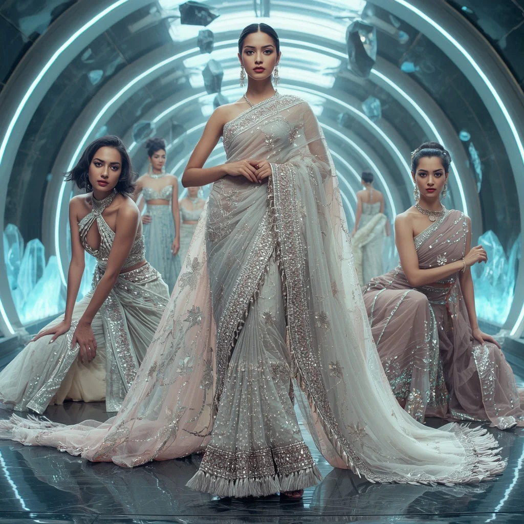 Diamond Aurora Majesty Saree with Floating Crystal Infinity Sanctuaries | Attitude Ai Prompt
