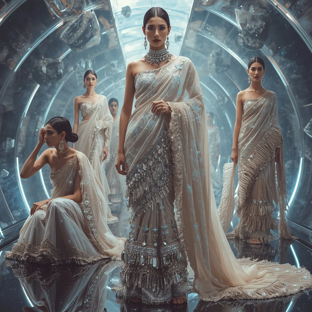 Diamond Aurora Royale Saree with Floating Crystal Galaxy Corridor | Wedding Ai Prompt