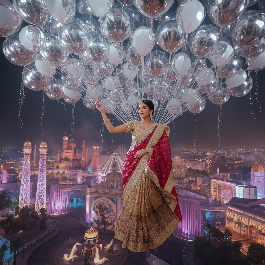 Diamond Balloon Carnival Saree with Floating Celebration World | Gemini Ai Prompt
