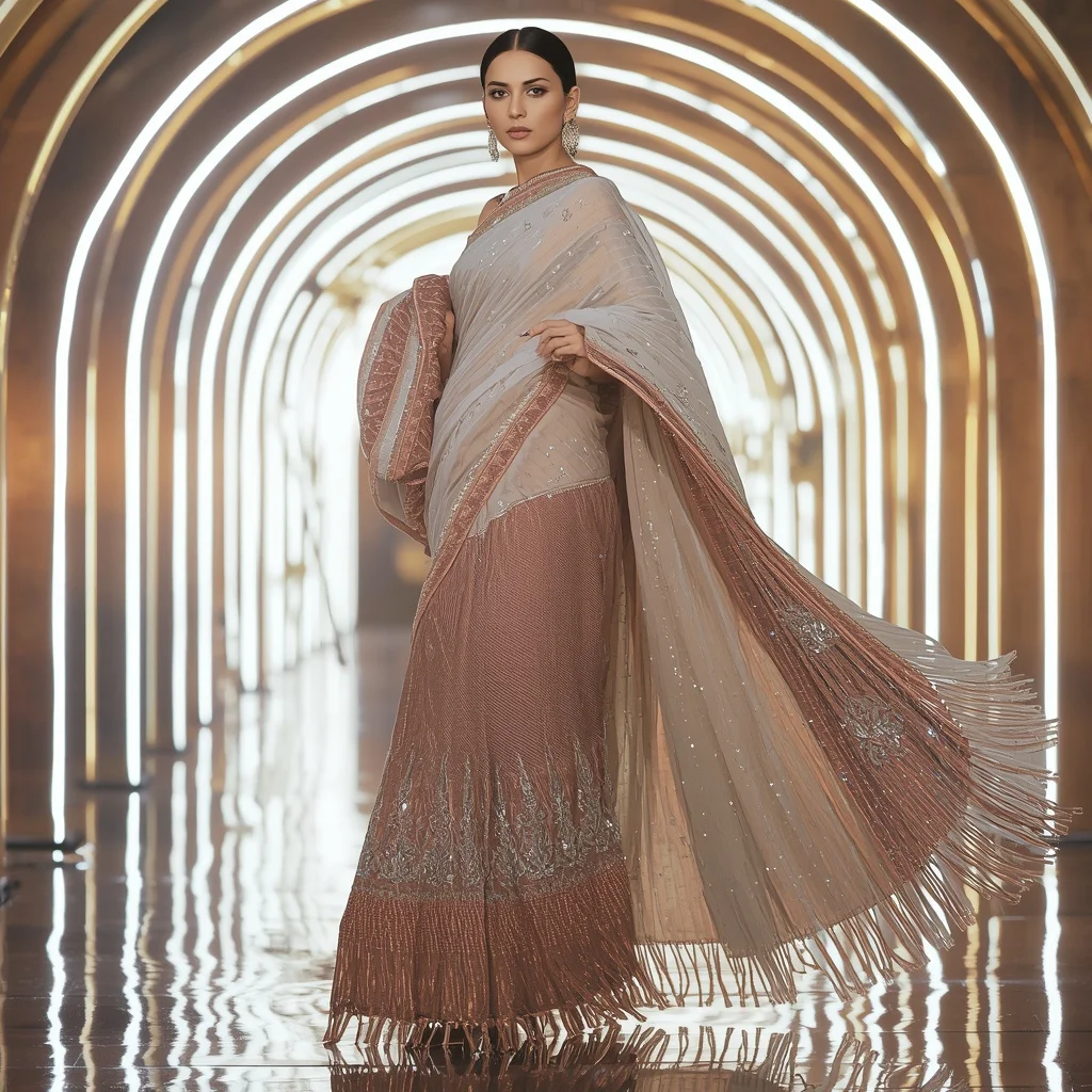 Diamond Flame Mirage Saree with Curved Neon Solar Palace Arches | Cute Girl Ai Prompt