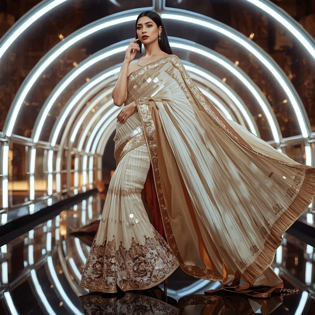 Diamond Flame Quantum Saree with Curved Neon Royal Dome | Instagram Viral Photo Prompt