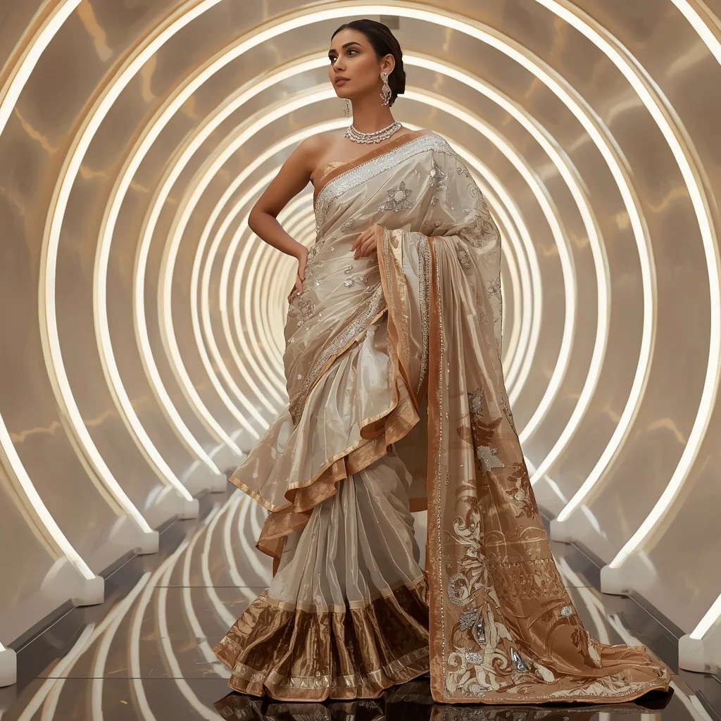 Diamond Flame Quantum Saree with Curved Neon Solar Corridors | Prompt Seen Girls AI Photo Editing