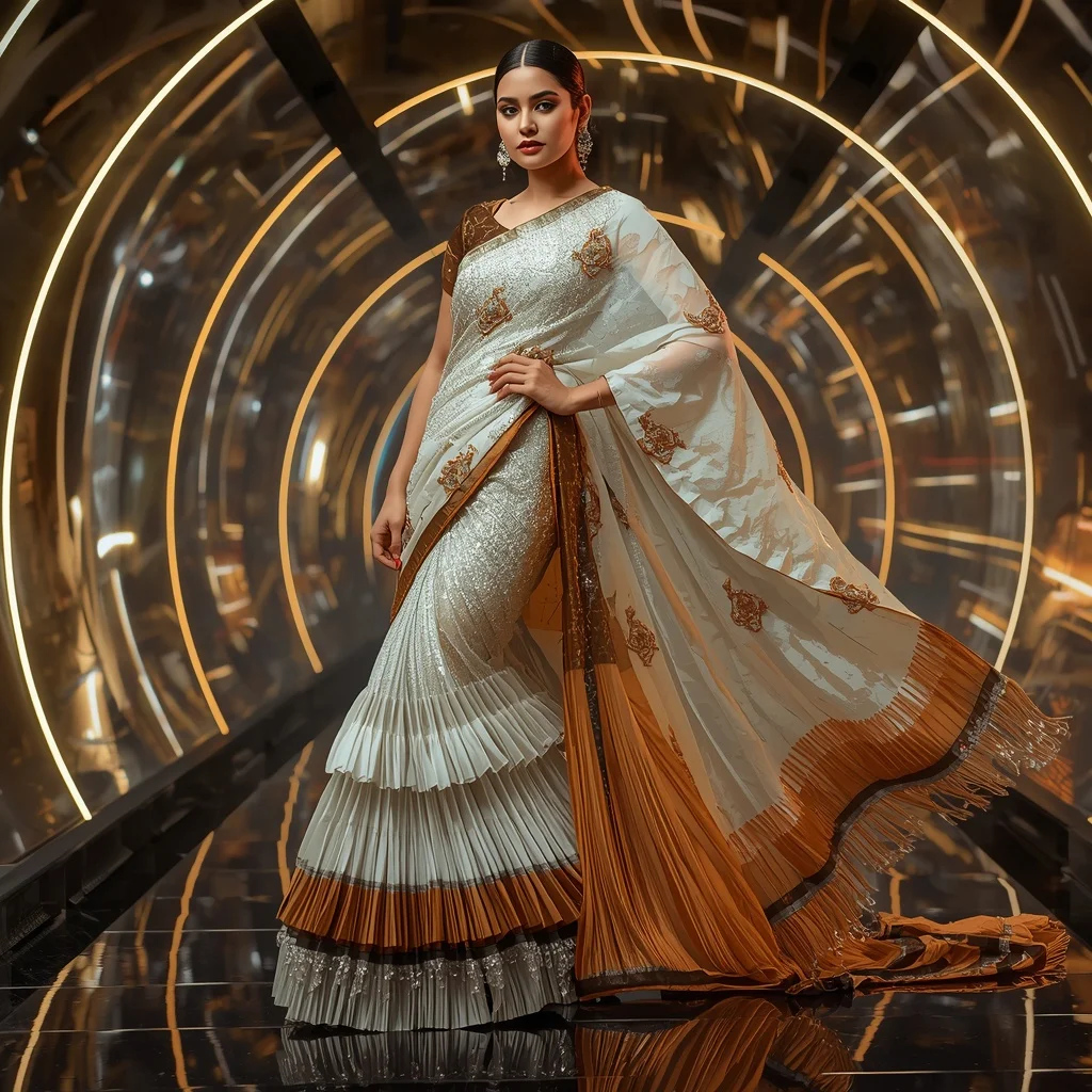 Diamond Flame Quantum Saree with Curved Neon Solar Universes | Art Ai Prompt