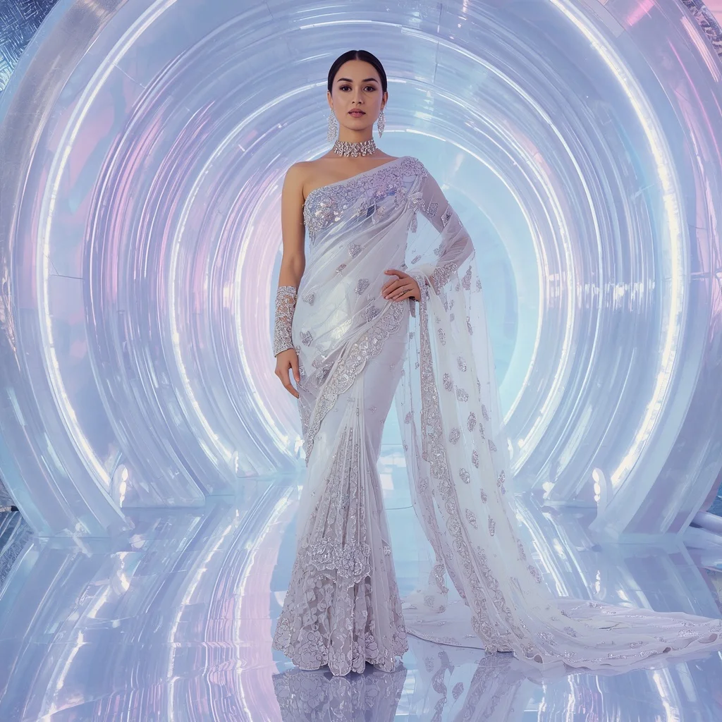 Diamond Ice Hyperverse Saree with Three Hundred Fashion Poses and Holographic Aurora Eternal Hyperrealm | Instagram Profile Pic Ai Prompt