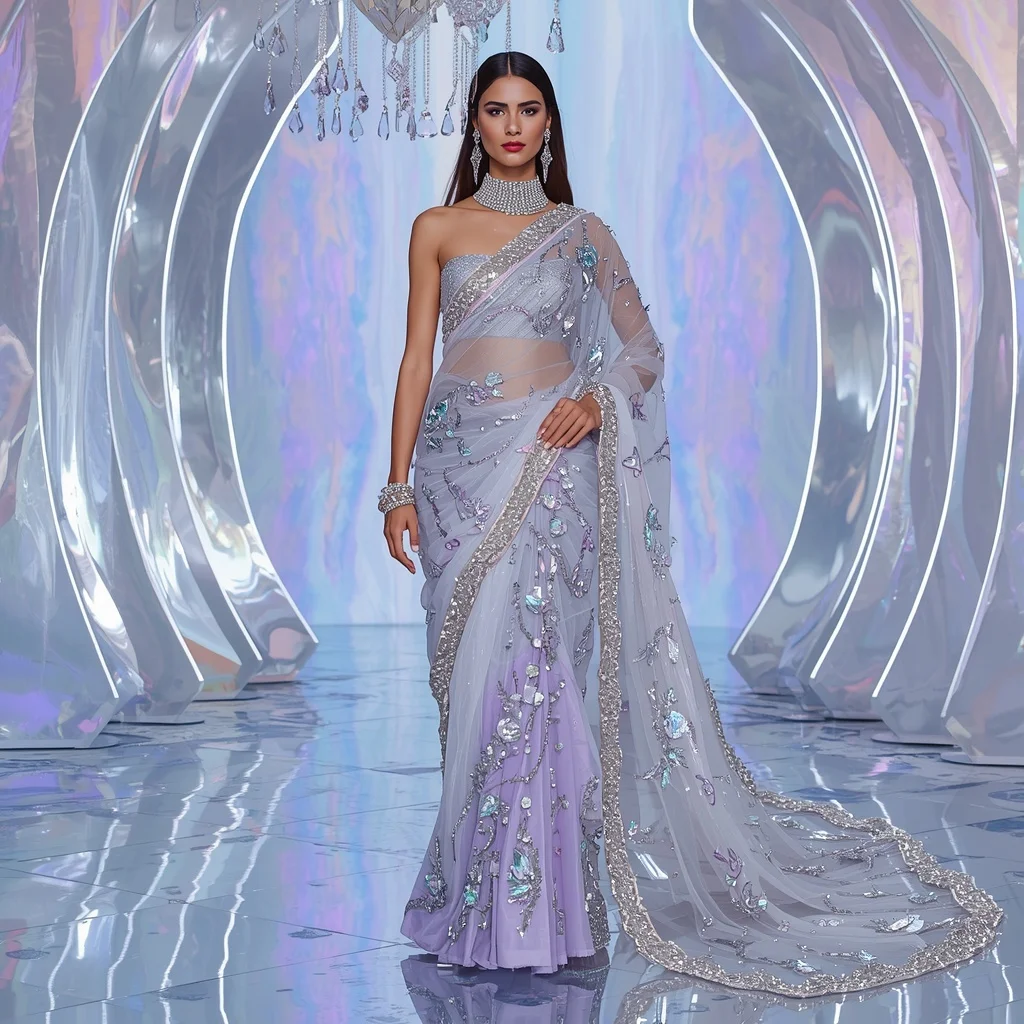 Diamond Ice Supreme Saree with Twenty-Five Fashion Poses and Holographic Aurora Kingdom | Prompt Gemini