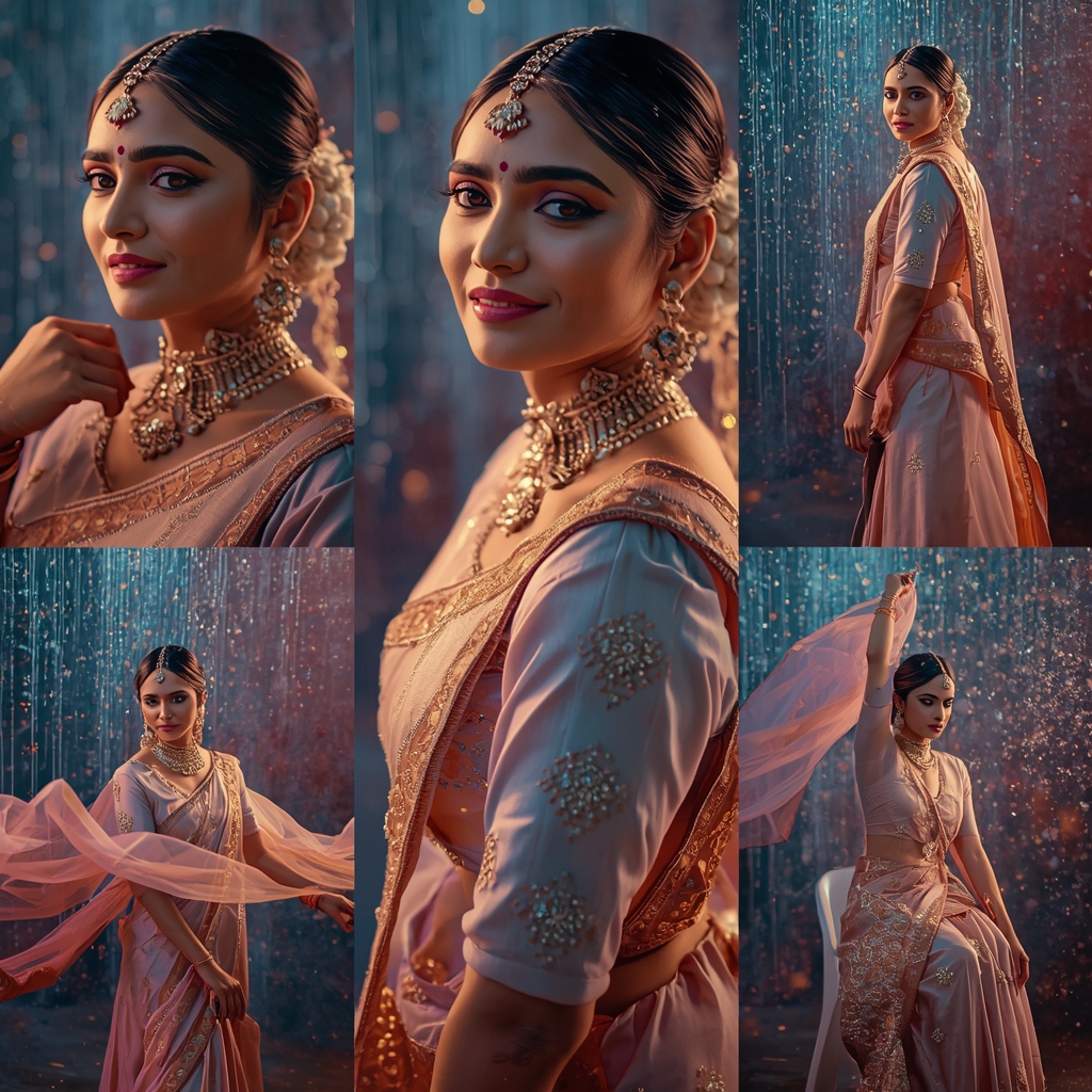 Diamond Light Rain Festival Fancy Saree Premium Collage | Aesthetic Saree Ai Prompt