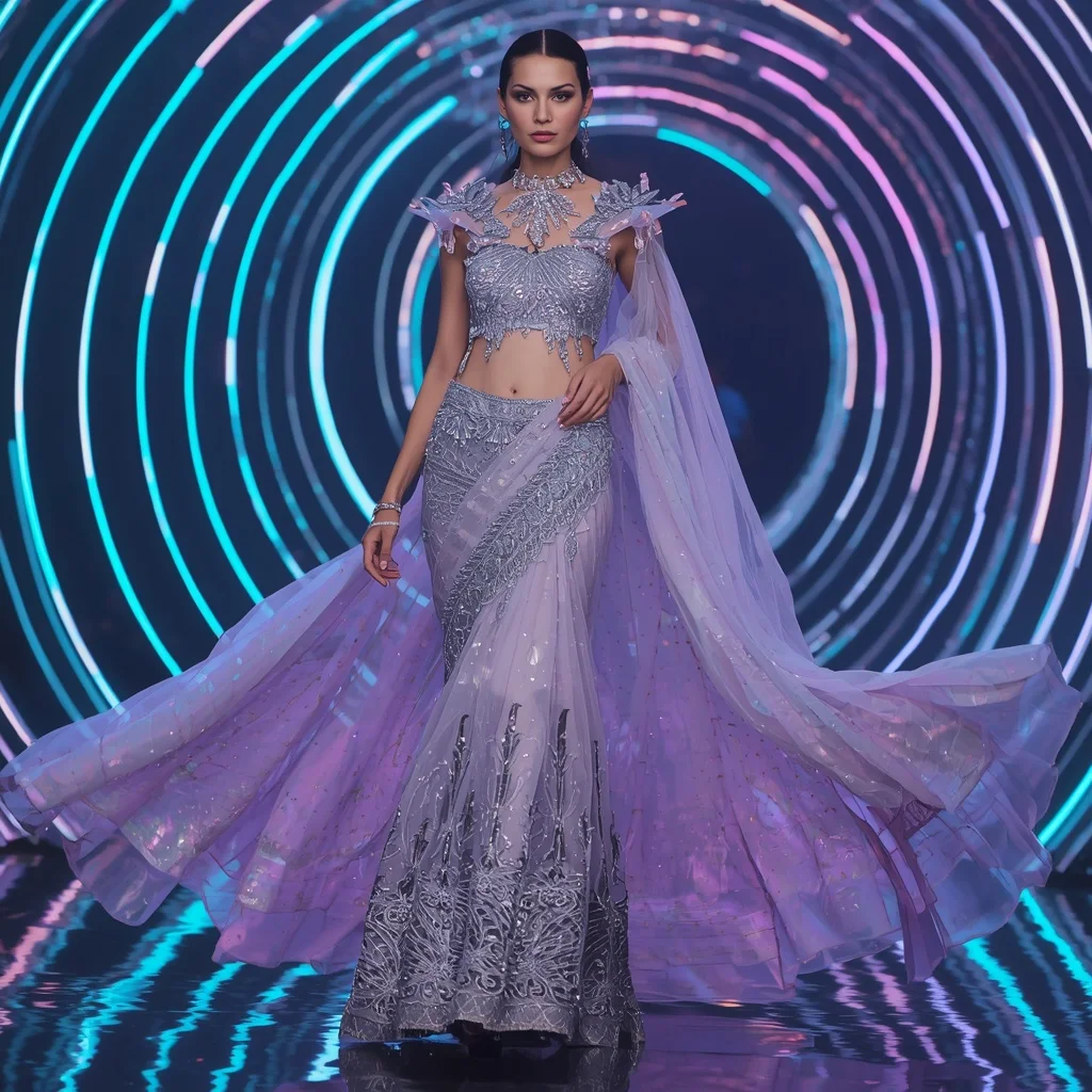 Diamond Prism Mirage Saree with Holographic Spiral Empire | Copy Paste Ai Prompt