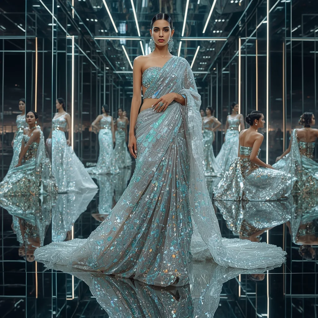Diamond Pulse Couture Saree with Infinity Reflection Crystal Skyline | Instagram Influencer Ai Prompt