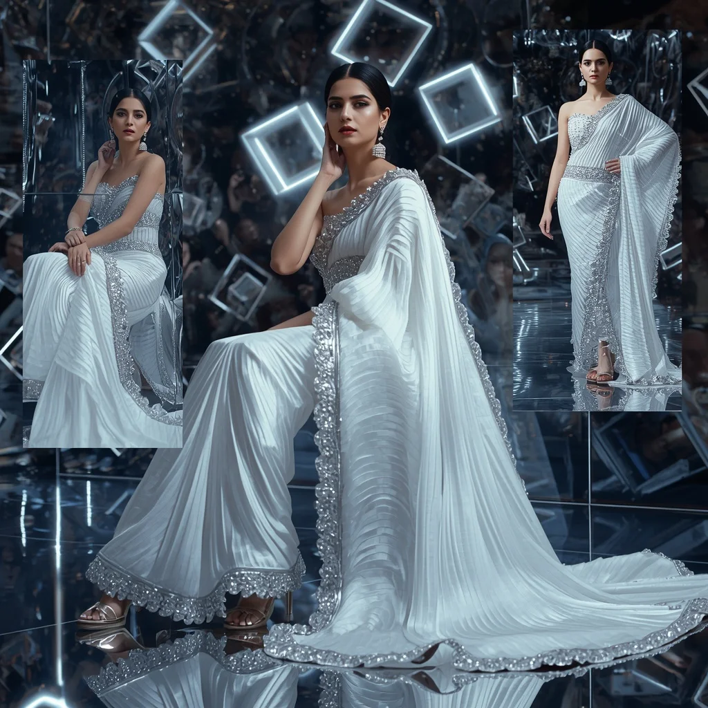 Diamond Wave Saree with Floating Light Cubes | Style Ai Prompt