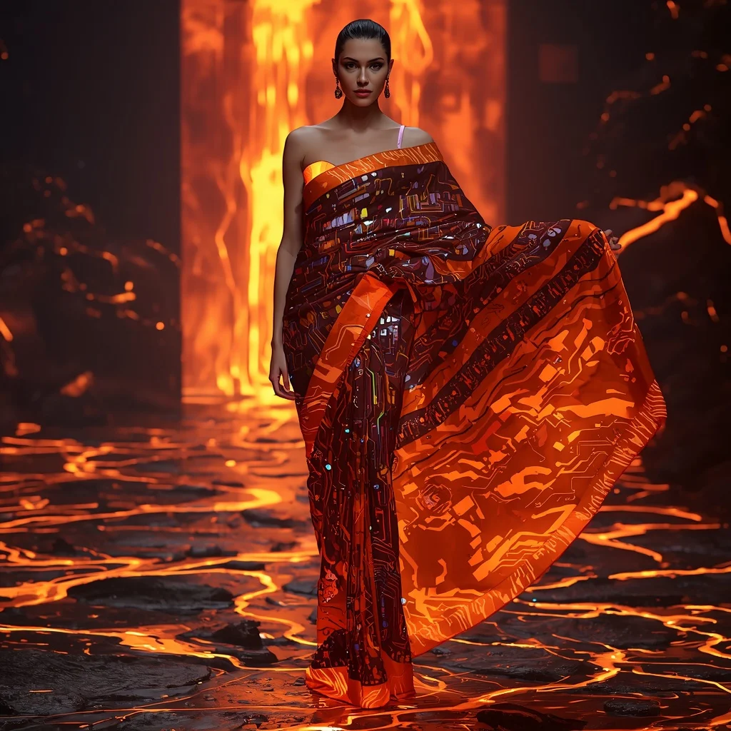 Digital Lava Flow Saree with Molten Data Streams | Influencer Ai Prompt