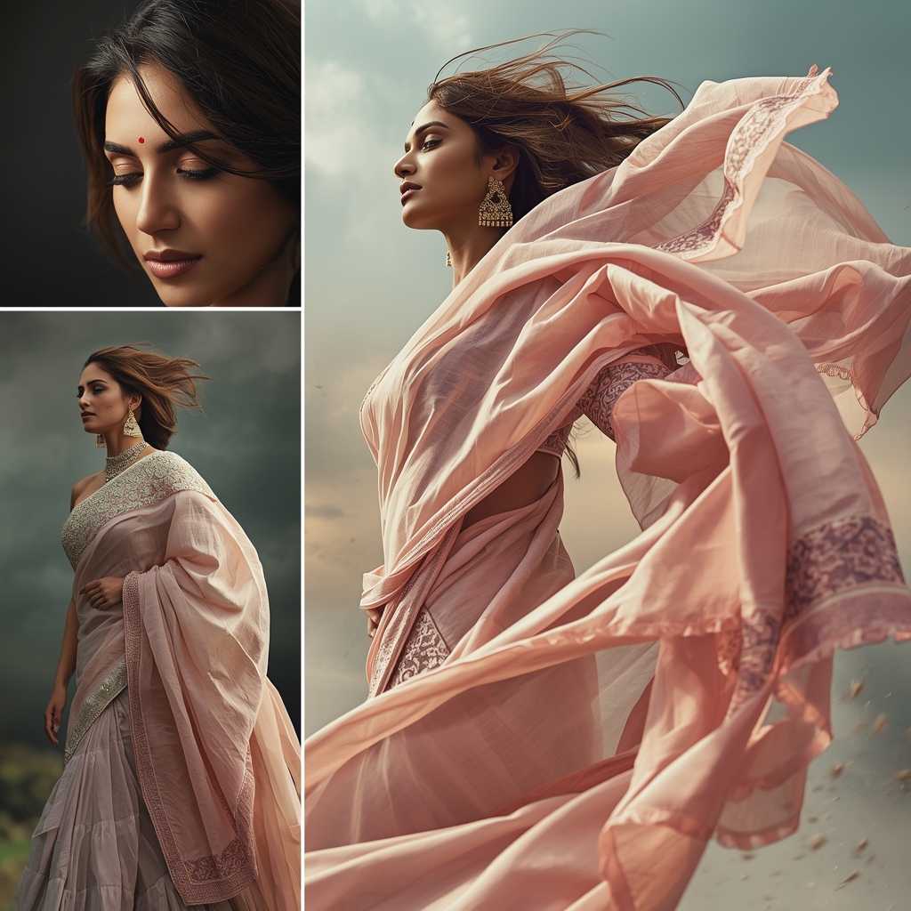 Dramatic Luxury Pastel Saree Image Prompt for Women with Flying Sari Storm and Epic Fashion | Saree Profile Pic Ai Prompt