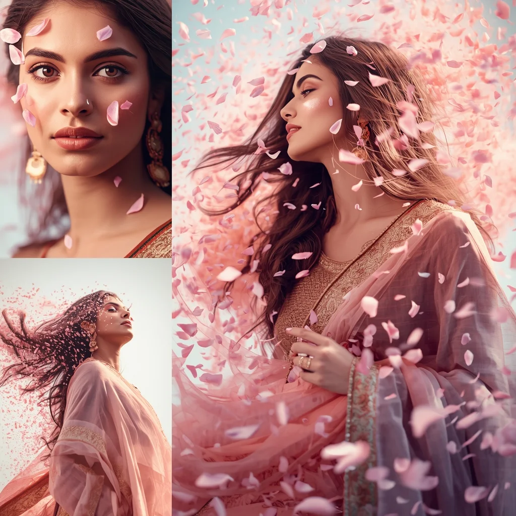 Dramatic Luxury Pastel Saree Image Prompt for Women with Wind Blown Petal Storm and Fashion Drama | Desi Saree Ai Prompt
