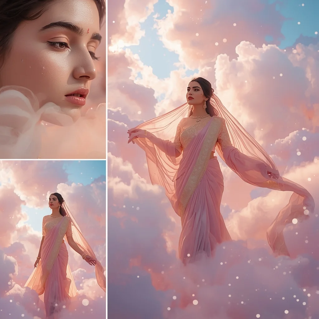 Dreamy Luxury Pastel Saree Image Prompt for Women with Silk Cloud Fantasy Realm | Saree Look Ai Prompt