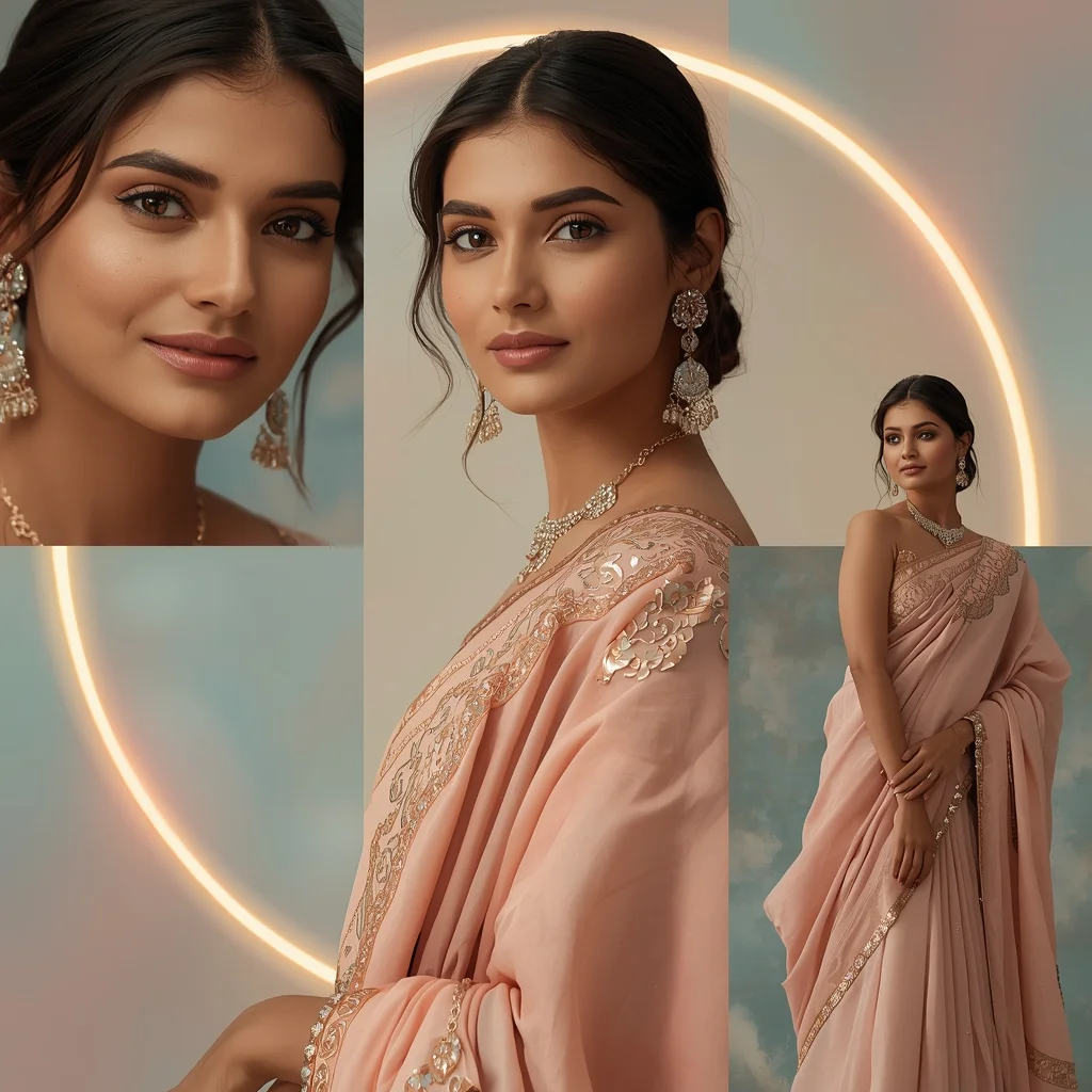 Eclipse Pulse Halo Orbit Pastel Saree Indian Woman Luxury Composition | Saree Pose Ai Prompt