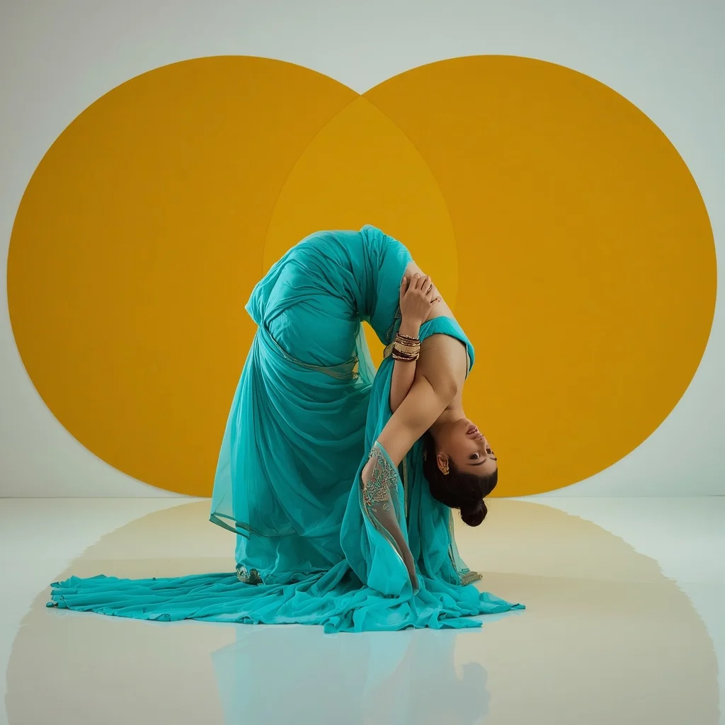 Electric Cyan Parachute Silk – Dramatic Backbend with Pop-Art Mustard Circles | Aesthetic Ai Prompt