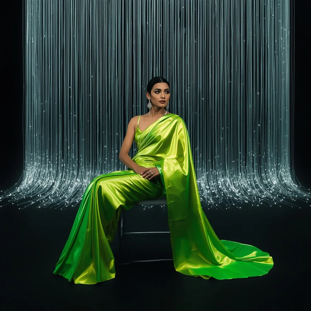Electric Lime Metallic Saree – Invisible Chair Pose with Sweeping Fiber Optics | Prompt Seen Gemini Girl Instagram