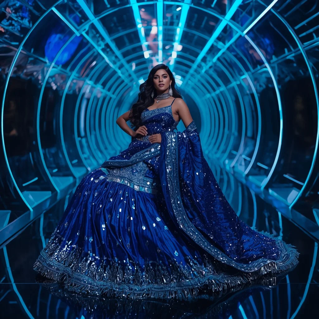 Electric Sapphire Infinity Saree with Curved Laser Galaxy Hallways | Prompt Seen Girl Photo Editing Chatgpt Download