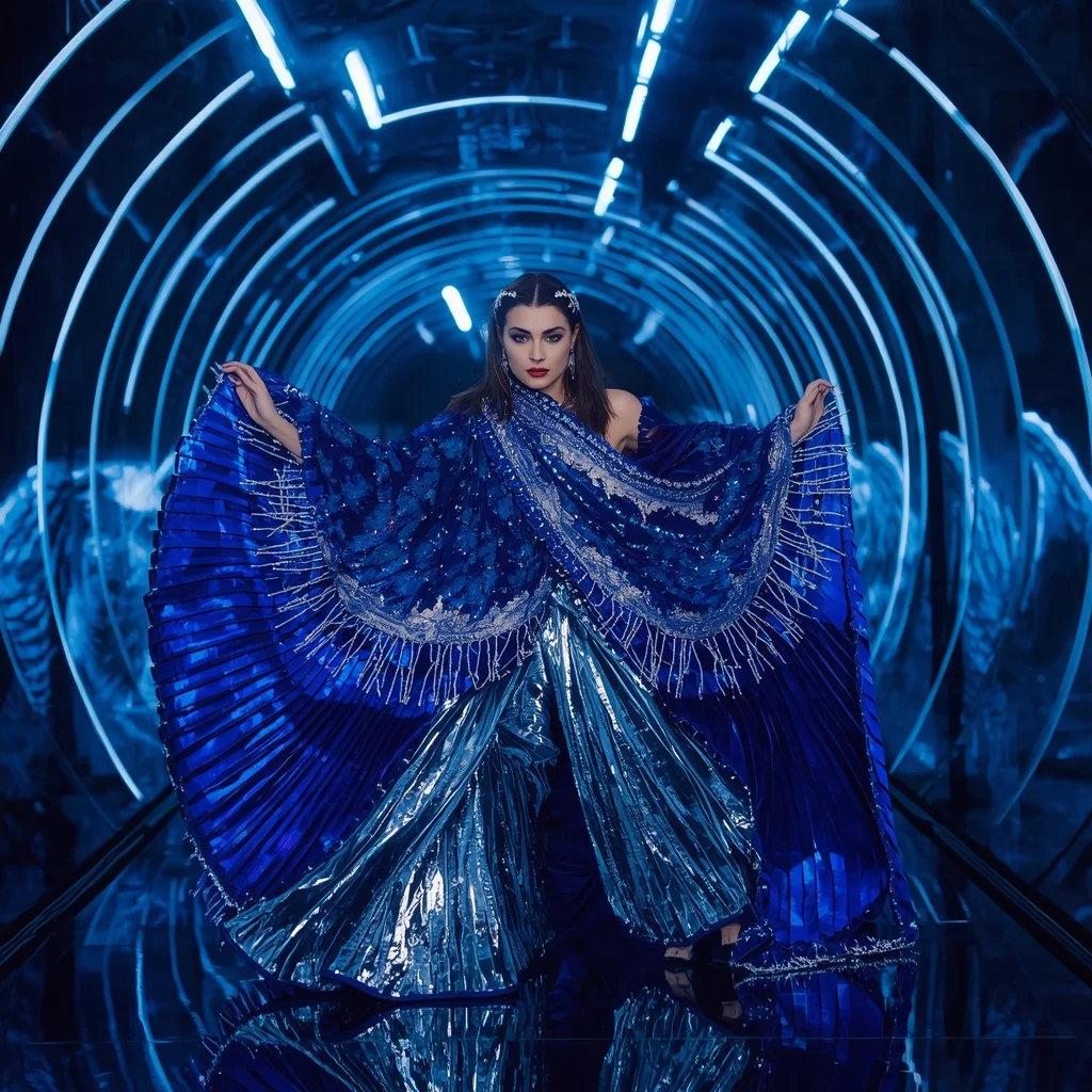 Electric Sapphire Infinity Saree with Curved Laser Galaxy Universes | Profile Picture Ai Prompt