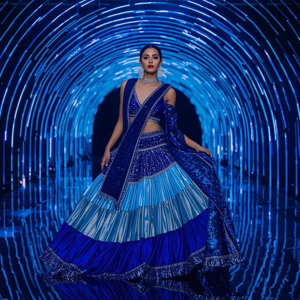 Electric Sapphire Mirage Saree with Curved Laser Infinity Universe Hall | Gym Fitness Girl Ai Prompt
