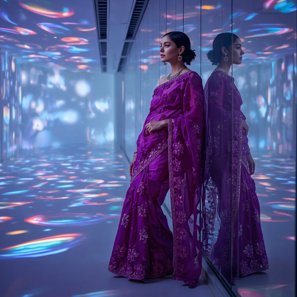 Electric Violet Laser-Cut Applique Saree for Futuristic Festive Look | Prompt Seen Girl Photo Editing Chatgpt Download