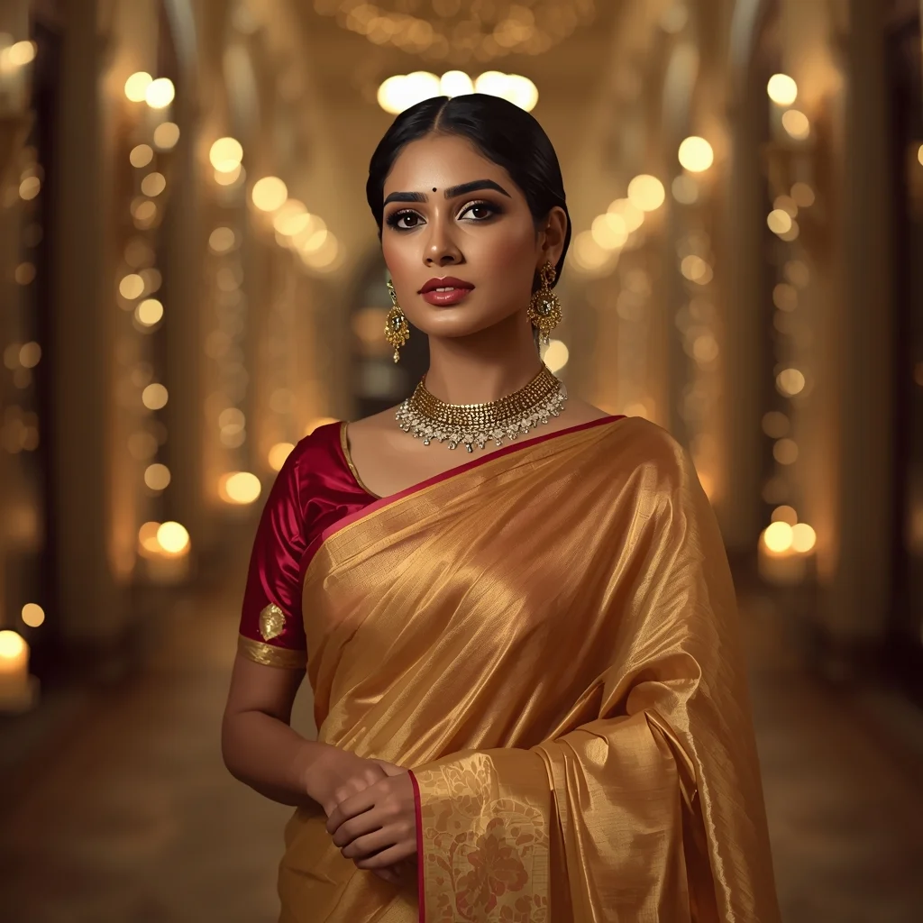 Elegant Indian Saree Model with Golden Festive Lighting – Instagram Viral Look | Ai image Prompt