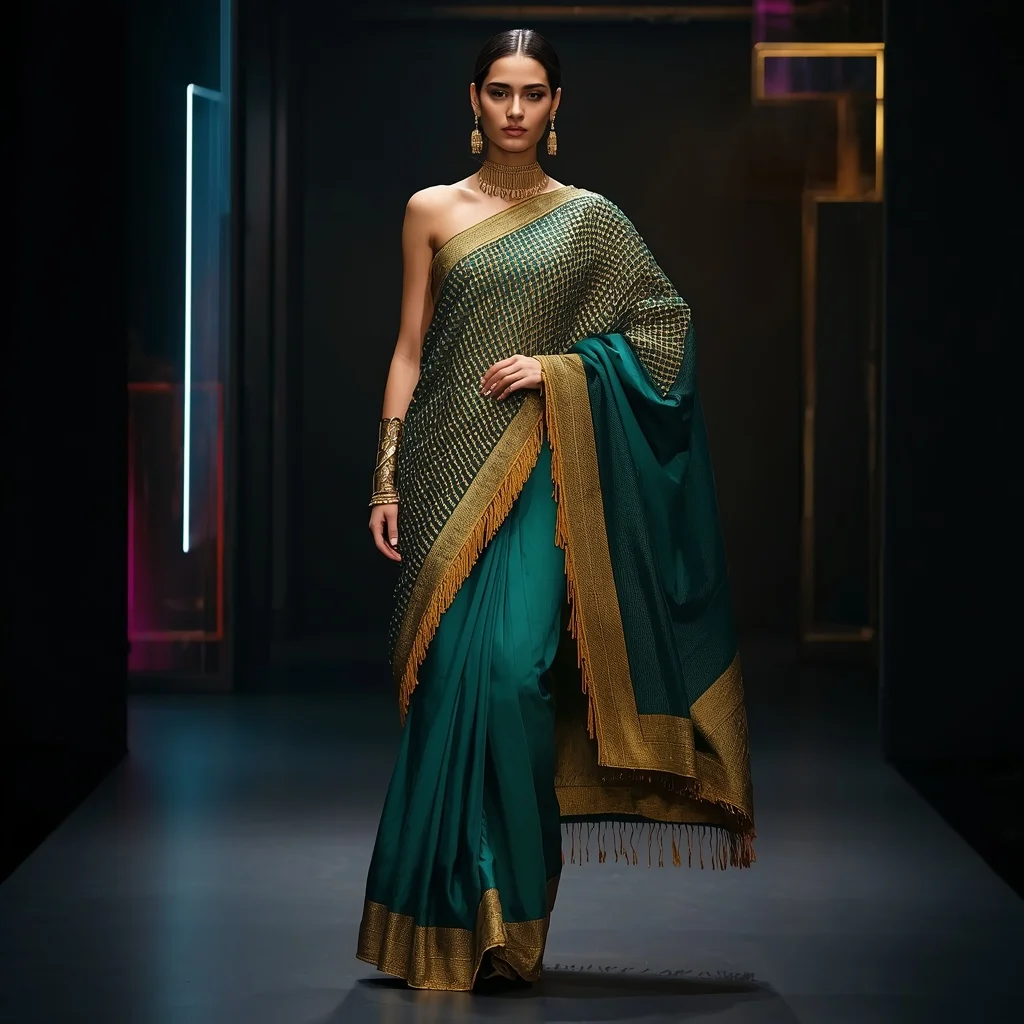 Emerald and Deep Teal Sculptural Saree with Gold Mesh Armor | Prompt For Girls Trending