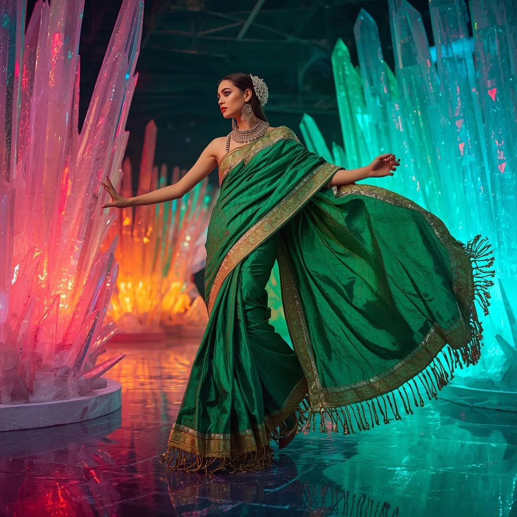 Emerald Aurora Flame Saree with Curved Plasma Crystal Kingdom | Trending Girl Photo Prompt